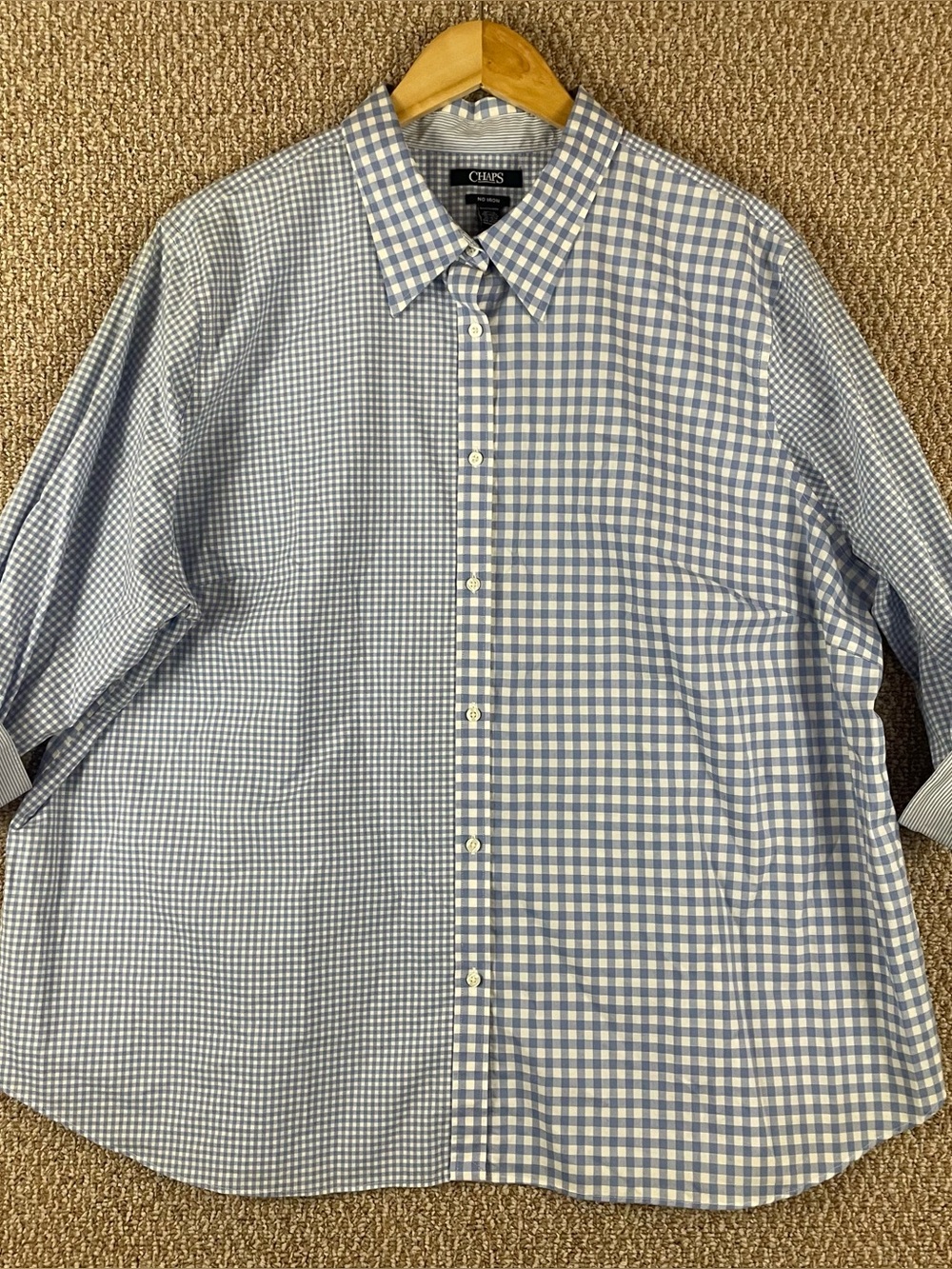 Chaps No Iron Shirt Womens 3X Blue Mixed Media 3/4 Sleeve Button-Up T162